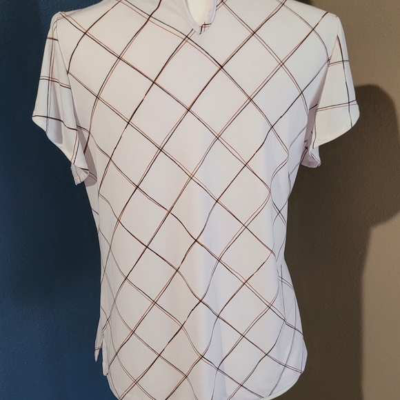 Liz Claiborne Blouse Women's Size PM White Check Short Sleeve Pullover Stretch - Picture 4 of 10